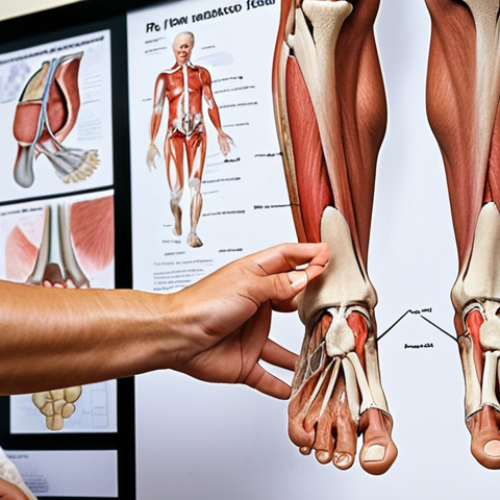 **

A physiotherapist examining a patient's foot and knee. The therapist is pointing to the foot while explaining something to the patient. In the background, there are anatomical charts and models of the human musculoskeletal system. Focus on the importance of accurate diagnosis and identifying the root cause of pain, even if it's not in the area of discomfort.

**