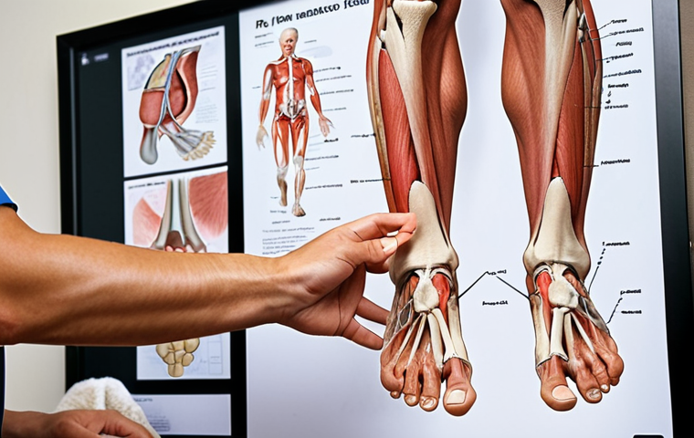 **
A physiotherapist examining a patient's foot and knee. The therapist is pointing to the foot while explaining something to the patient. In the background, there are anatomical charts and models of the human musculoskeletal system. Focus on the importance of accurate diagnosis and identifying the root cause of pain, even if it's not in the area of discomfort.
**
