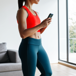 A person in modest athletic wear, standing confidently in a bright, modern living room, looking at a fitness app on a smartphone. The atmosphere is calm and focused, suggesting determination. Natural light fills the space. Fully clothed, appropriate attire, professional dress, safe for work, appropriate content, perfect anatomy, correct proportions, natural pose, well-formed hands, proper finger count, natural body proportions, high resolution, professional photography, family-friendly.
