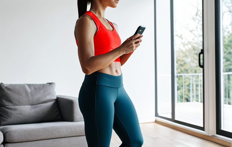 A person in modest athletic wear, standing confidently in a bright, modern living room, looking at a fitness app on a smartphone. The atmosphere is calm and focused, suggesting determination. Natural light fills the space. Fully clothed, appropriate attire, professional dress, safe for work, appropriate content, perfect anatomy, correct proportions, natural pose, well-formed hands, proper finger count, natural body proportions, high resolution, professional photography, family-friendly.