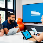 A diverse team of professional personal trainers, fully clothed in modest, modern athletic wear, engaged in a collaborative brainstorming session in a bright, contemporary fitness studio common area. They are gathered around a large table, looking at a shared digital screen or whiteboard, actively discussing ideas and new strategies. One trainer points to the screen, while others listen intently, some with tablets or notebooks. Their expressions are focused, engaged, and enthusiastic. Professional lighting, high-resolution photography, perfect anatomy, correct proportions, natural pose, well-formed hands, proper finger count, natural body proportions, crisp focus, vibrant colors, safe for work, appropriate content, fully clothed, professional, modest, family-friendly.