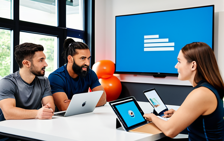 A diverse team of professional personal trainers, fully clothed in modest, modern athletic wear, engaged in a collaborative brainstorming session in a bright, contemporary fitness studio common area. They are gathered around a large table, looking at a shared digital screen or whiteboard, actively discussing ideas and new strategies. One trainer points to the screen, while others listen intently, some with tablets or notebooks. Their expressions are focused, engaged, and enthusiastic. Professional lighting, high-resolution photography, perfect anatomy, correct proportions, natural pose, well-formed hands, proper finger count, natural body proportions, crisp focus, vibrant colors, safe for work, appropriate content, fully clothed, professional, modest, family-friendly.