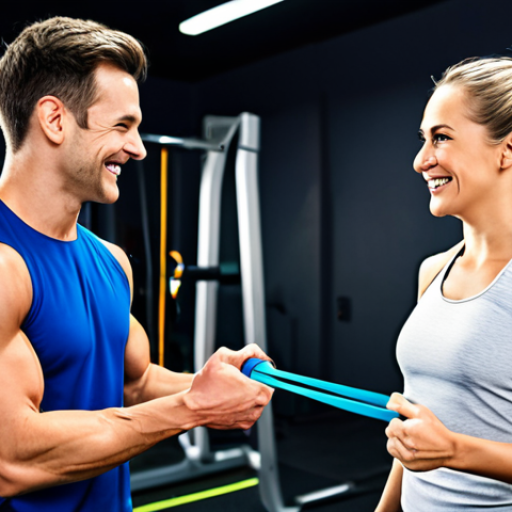 **

"A fitness trainer guiding a client through a personalized workout routine in a bright, modern gym. The client is performing a resistance band exercise, fully clothed in athletic wear, appropriate attire. The trainer is offering encouragement with a friendly smile, also fully clothed in professional sportswear.  Safe for work, perfect anatomy, natural proportions, professional fitness photography, high quality, family-friendly."

**