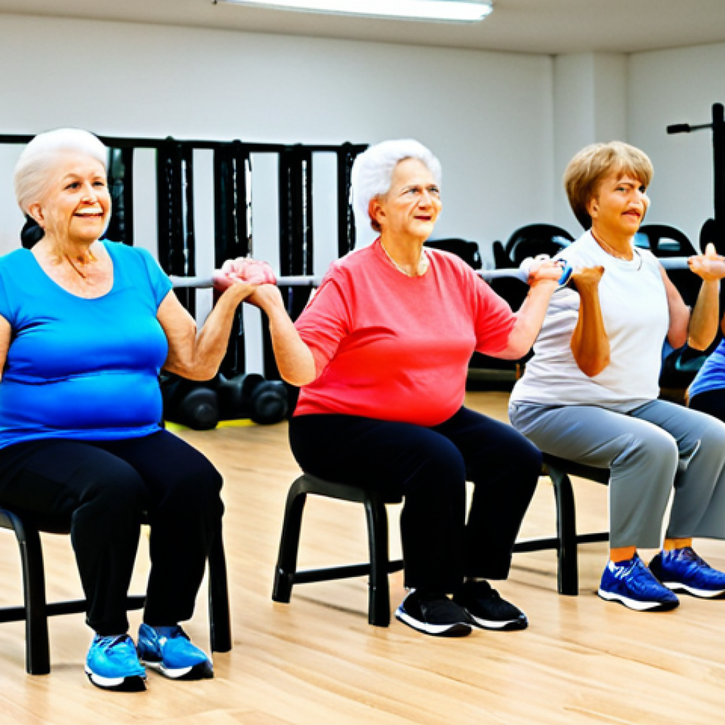 **

"A group of diverse senior citizens, fully clothed in comfortable athletic wear, participating in a functional fitness class in a bright, modern gym. They are performing modified squats with chairs for support, guided by a friendly, professional fitness instructor.  Safe for work, appropriate content, professional setting, perfect anatomy, correct proportions, family-friendly, modest attire, well-formed hands, proper finger count, natural body proportions."

**