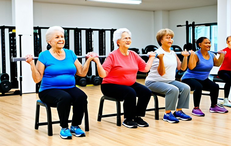 **
"A group of diverse senior citizens, fully clothed in comfortable athletic wear, participating in a functional fitness class in a bright, modern gym. They are performing modified squats with chairs for support, guided by a friendly, professional fitness instructor. Safe for work, appropriate content, professional setting, perfect anatomy, correct proportions, family-friendly, modest attire, well-formed hands, proper finger count, natural body proportions."
**