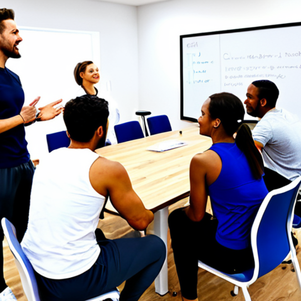 헬스트레이너 조직 관리 노하우 - Team Meeting & Vision**
"A brightly lit, modern fitness studio meeting room. A diverse team of full...