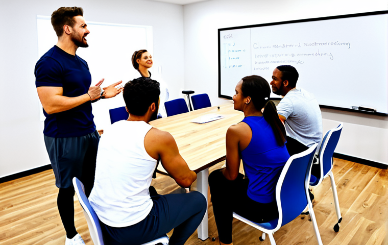 헬스트레이너 조직 관리 노하우 - Team Meeting & Vision**

"A brightly lit, modern fitness studio meeting room. A diverse team of full...