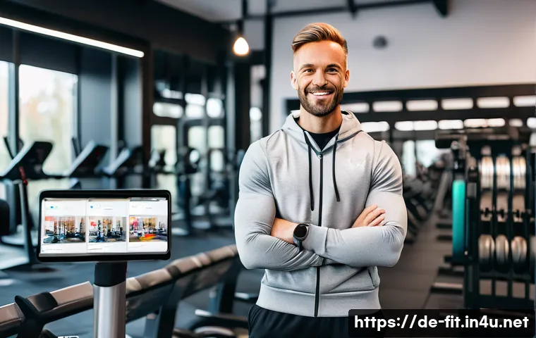 헬스트레이너 수익 극대화 팁 - A confident German fitness coach in sporty, modest workout attire, standing in a bright, modern gym ...