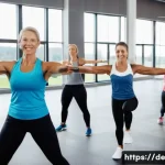 헬스트레이너와 퍼스널 브랜딩 - A confident female fitness coach in her mid-40s leading a small group training session in a modern g...