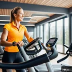 헬스트레이너 트렌드 분석 - A modern German fitness studio interior with a diverse group of adults wearing smartwatches and fitn...