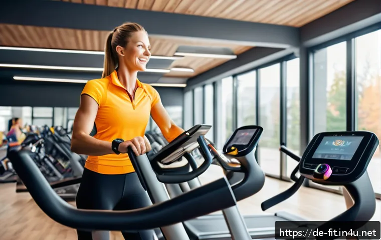 헬스트레이너 트렌드 분석 - A modern German fitness studio interior with a diverse group of adults wearing smartwatches and fitn...