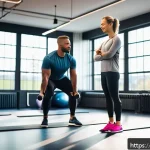 헬스트레이너 고객사례 보고서 - A modern fitness coach guiding a diverse group of adult clients in a bright, spacious gym setting in...
