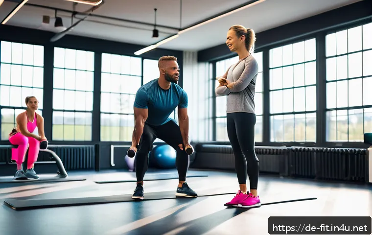 헬스트레이너 고객사례 보고서 - A modern fitness coach guiding a diverse group of adult clients in a bright, spacious gym setting in...