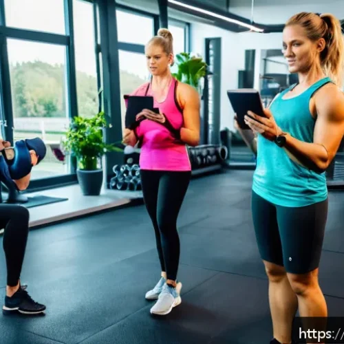 헬스트레이너 운동 과학 자료 - A modern personal training session in a bright, well-equipped gym in Germany, featuring a diverse ad...