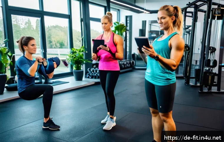 헬스트레이너 운동 과학 자료 - A modern personal training session in a bright, well-equipped gym in Germany, featuring a diverse ad...