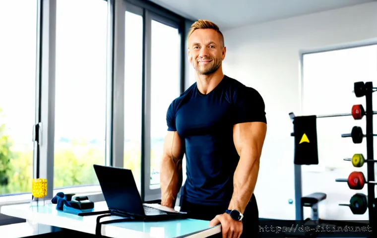 헬스트레이너 수입구조 분석 - Photorealistic German personal trainer in a bright modern fitness studio, standing beside a neatly a...